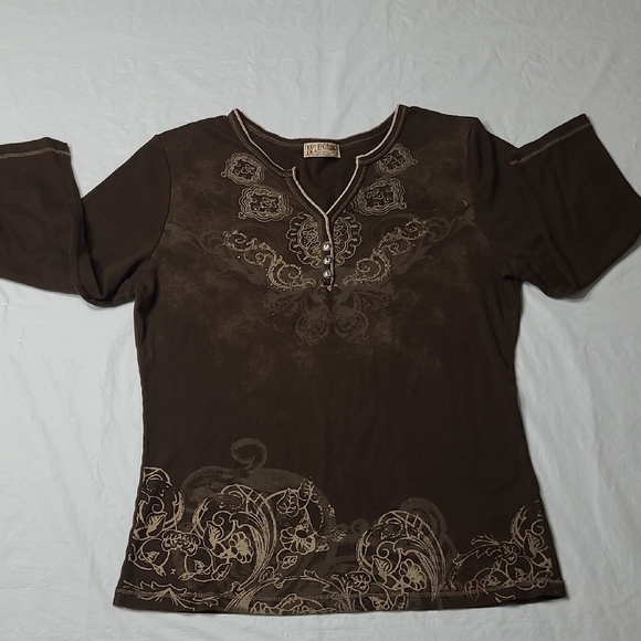 BLUE CANYON Clothing  Brown Embroidered 3/4 Sleeve Top - Picture 3 of 13